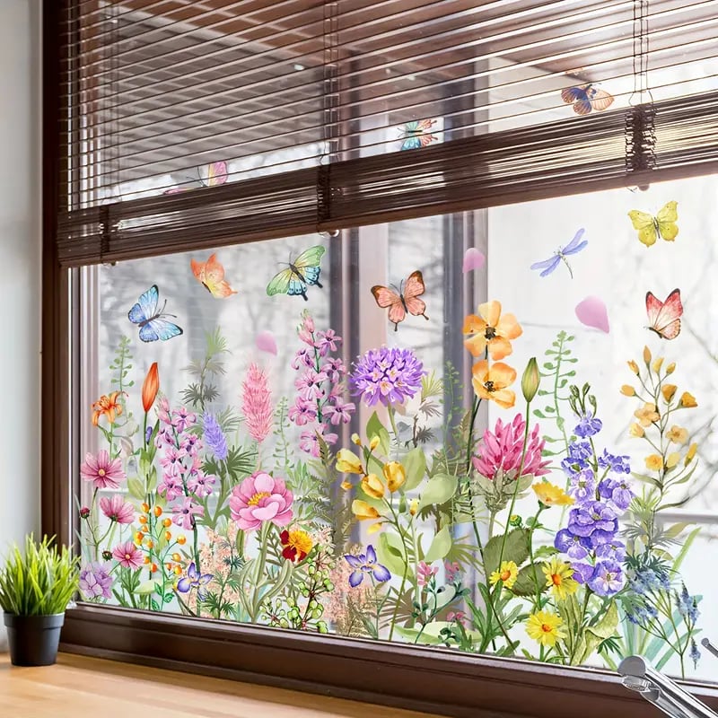Colorful Floral Bouquet Window Sticker – Vibrant design, easy peel & removable – Perfect for home, cafe & spring decor ✨