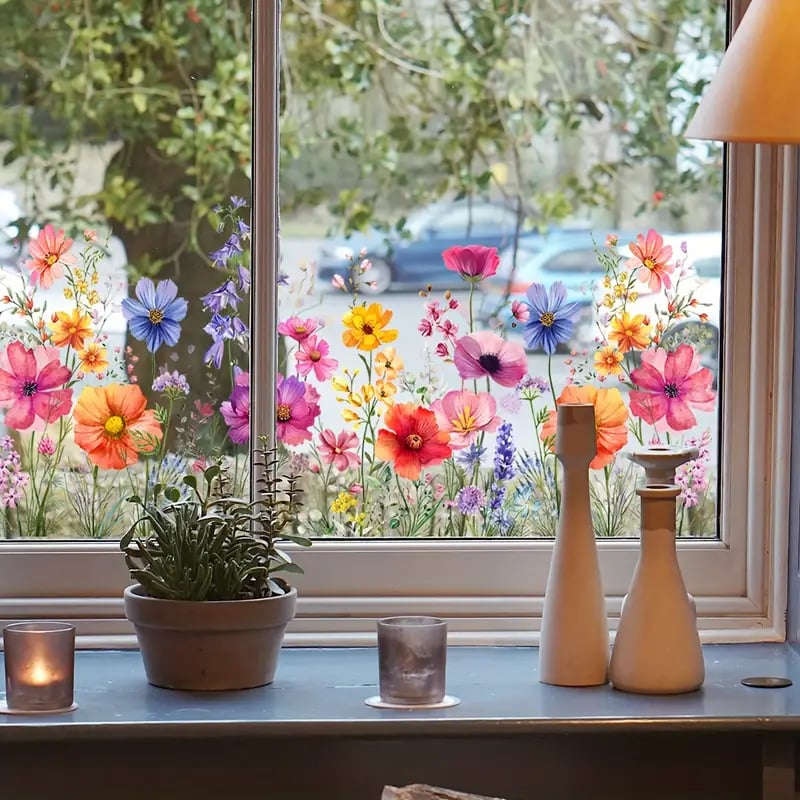 Colorful Floral Bouquet Window Sticker – Vibrant design, easy peel & removable – Perfect for home, cafe & spring decor ✨