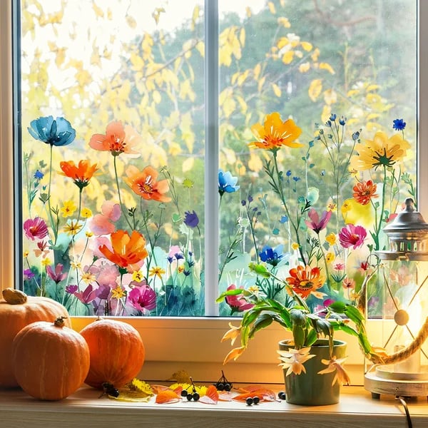Colorful Floral Bouquet Window Sticker – Vibrant design, easy peel & removable – Perfect for home, cafe & spring decor ✨