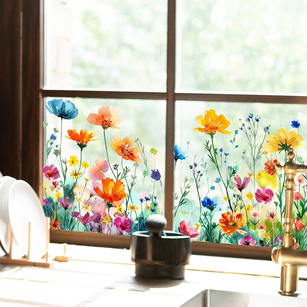 Colorful Floral Bouquet Window Sticker – Vibrant design, easy peel & removable – Perfect for home, cafe & spring decor ✨