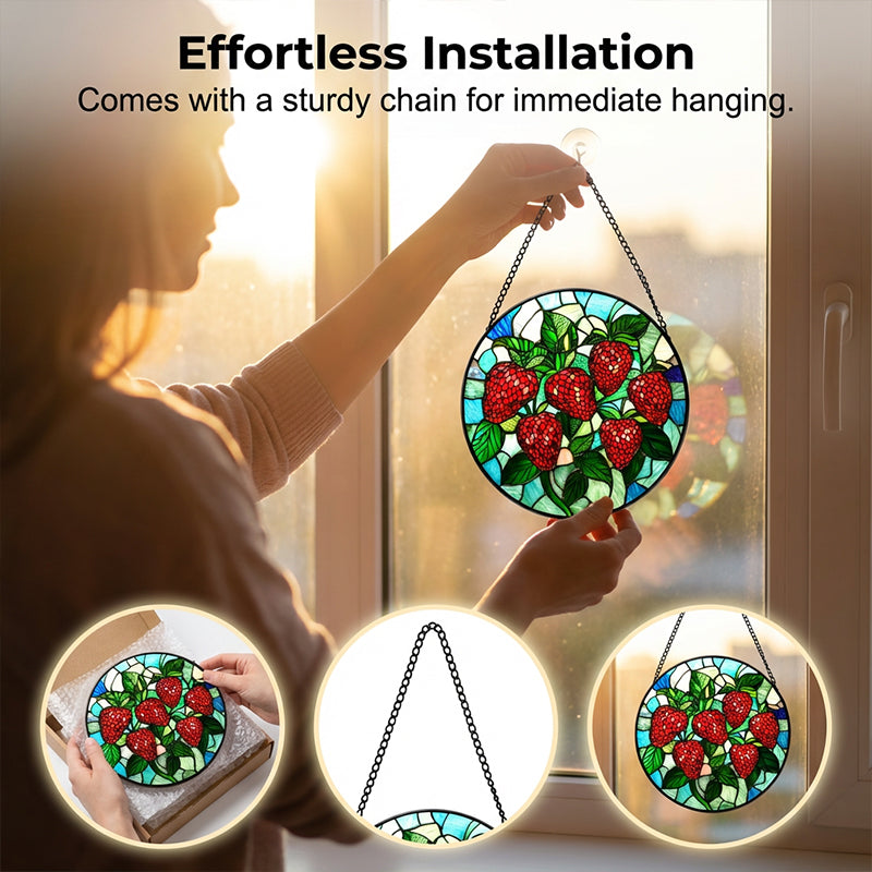 Stained Glass Strawberry Suncatcher for Window & Garden